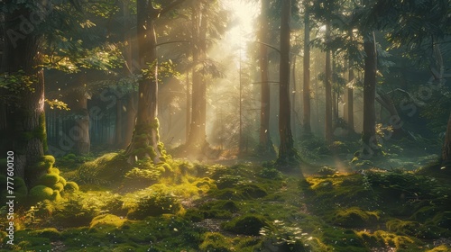Sunlight filtering through the canopy of a dense forest, casting a warm glow on the moss-covered ground below.