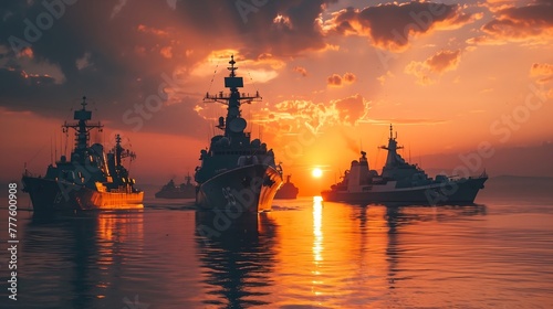 Military navy ships in a sea bay at sunset