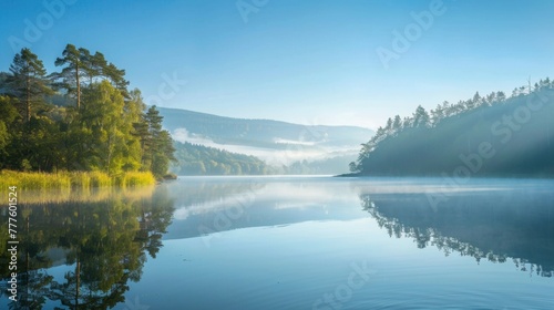 A peaceful lake with large   and a thin mist rising from the surface. At dawn  under the clear blue sky  the forest is surrounded by trees