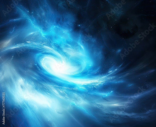 a spinning warping galaxy hyper realistic glowing planet the focal point use colours blue and light blue