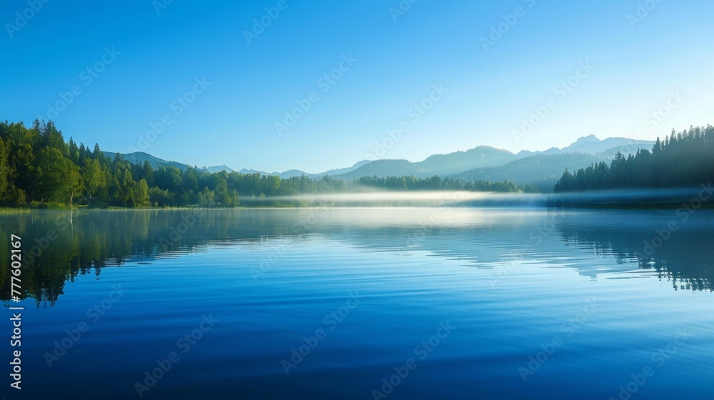 A peaceful lake with large , and a thin mist rising from the surface. At dawn, under the clear blue sky, the forest is surrounded by trees