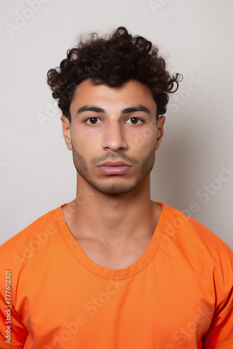 Prison mugshot of young middle eastern man in orange jumpsuit