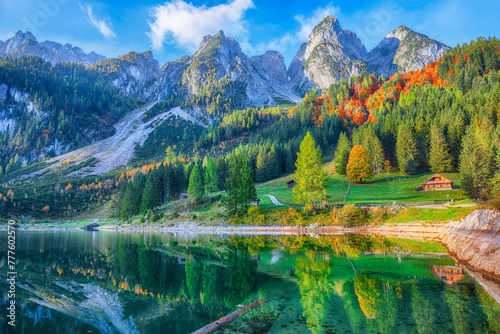 Beautiful view of idyllic colorful autumn scenery in Gosausee lake Austria