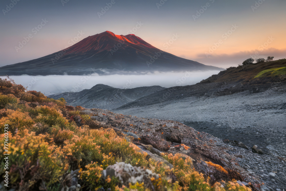 A majestic mountain landscape ablaze with autumn colors stretches towards a cloud-filled sky