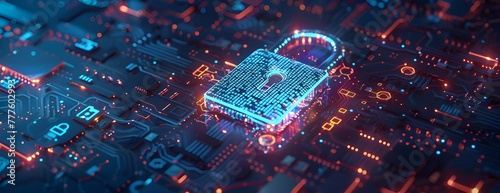 A digital padlock surrounded by holographic elements representing data security, set against an abstract circuit board background with glowing electronic components. 