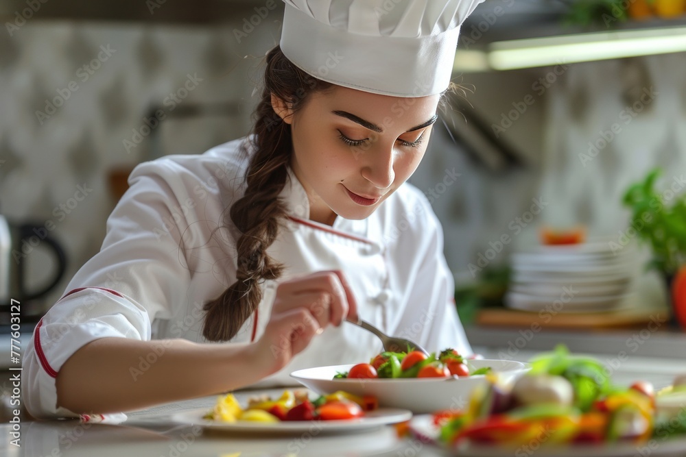 Caucasian women chef doing food plating in the kitchen