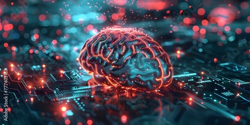 A digital brain with glowing neural connections floating above an abstract circuit board.