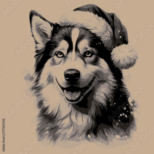 illustration of a husky with a Christmas bonnet monochrome and vector art