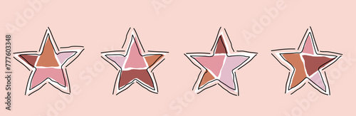 set of stars in the style of applique from pieces of paper, additional drawing, black outline line.