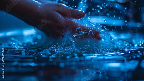 Blue-toned image of hands washing in a stream of water