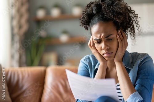 A person having a headache because of financial problem / debt looking at bills photo