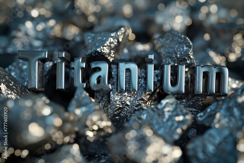 The word Titanium with a raw titanium ore background