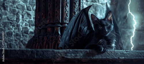 A surreal depiction of a black cat with dramatic bat wings unfurled as a ferocious lightning bolt strikes in the background, amidst gothic surroundings