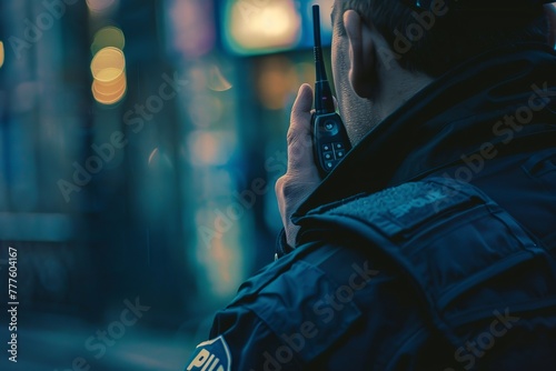 A police officer talking to a walkie talkie / portable communication device 