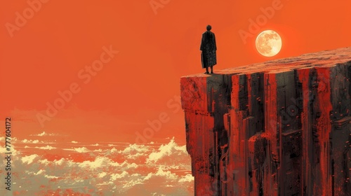 A formally dressed individual poised on a towering, eroded crimson cliff, gazing toward an opposing cliff against the backdrop of a clear, amber-tinted sky photo