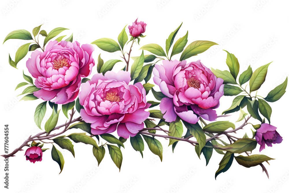 Watercolor pink peonies flowers with green leaves painting