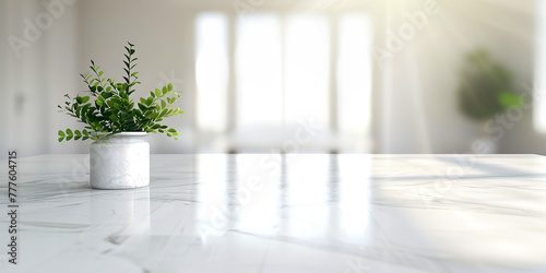 Vase and plant isolated on white marble table and blurred windows background with copy space  apartment or kitchen or living room interior design