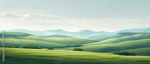 A serene landscape where simple geometric shapes form an abstract representation of rolling hills under a wide, open sky. © Bilas AI