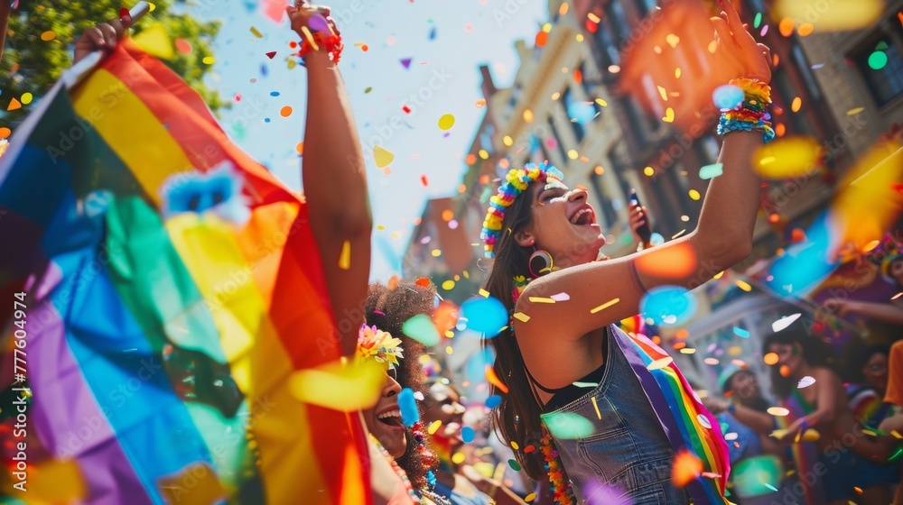 Joyful Pride Celebration with Rainbow Flag and Confetti