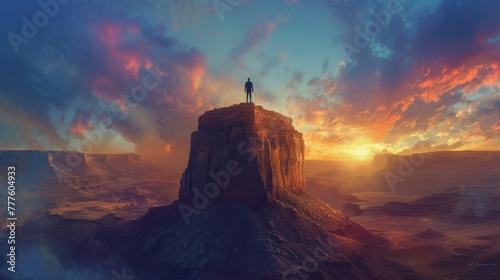 A solitary figure in business attire stands atop a rugged, auburn mesa, contemplating the void to an adjacent mesa under a vast, twilight sky photo