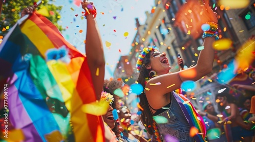 Joyful Pride Celebration with Rainbow Flag and Confetti