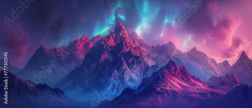 A surreal, nocturnal mountain range with bizarre, twisted peaks and a sky filled with an unnatural aurora, rendered with Octane's realistic lighting.