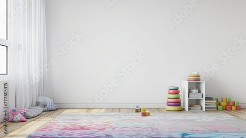 a playroom with a blank white wall; a rug that is pink purple and blue; hardwood floors; stacking blocks; a stack of books on the floor photo