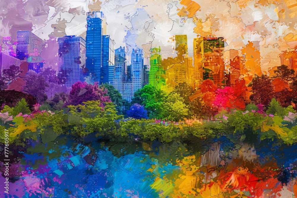 Impressionist Fusion of Urban Skyline and Vibrant Park - obrazy, fototapety, plakaty 