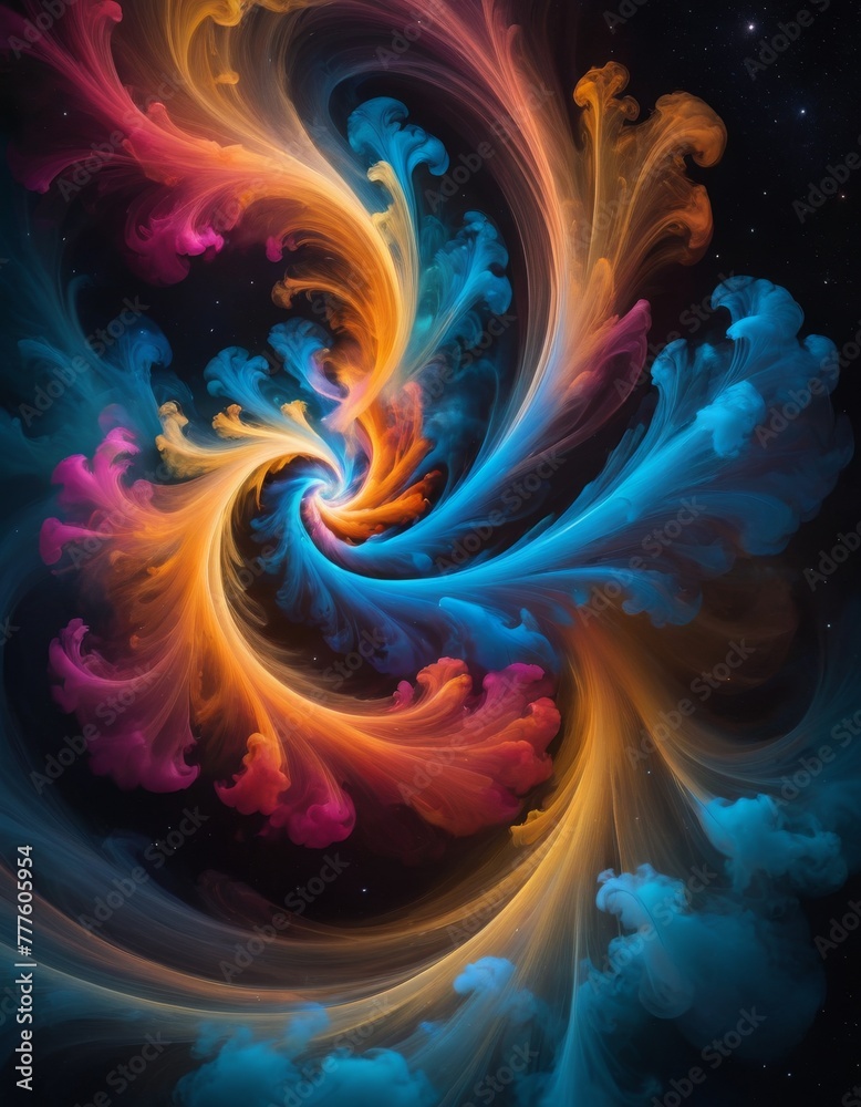 A digital illustration of a vibrant cosmic smoke spiral, blending hues of orange and blue in a mysterious space-themed backdrop
