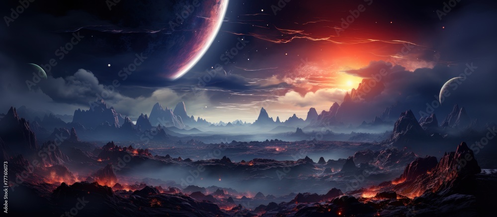 Fantasy landscape with moon and planet.
