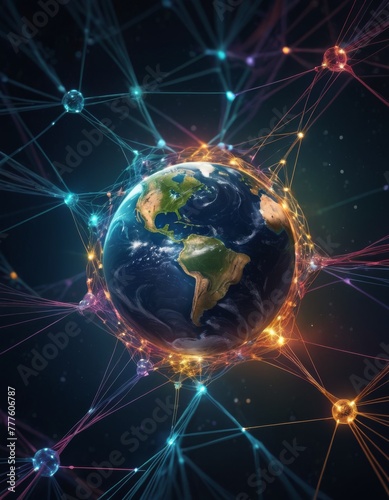 A vibrant depiction of Earth connected by a network of light, symbolizing global communication and the digital age's interconnectedness.