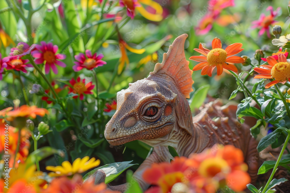 A dinosaur is standing in a field of flowers A dinosaur is standing in a field of flowers