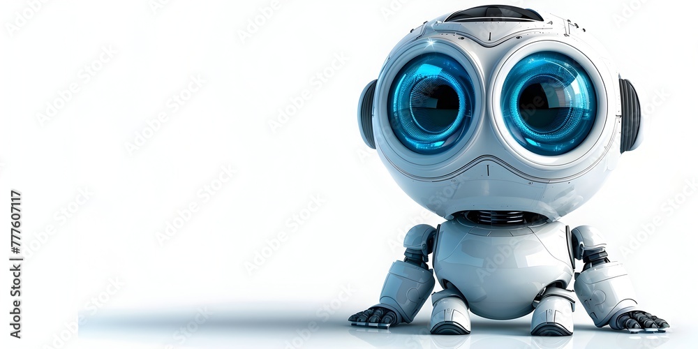 Robot Backup Character Watching Unseen with Assuring Eyes on Isolated White Background