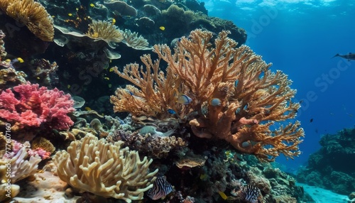 A rich underwater landscape teeming with vibrant coral reefs and tropical fish, a beautiful display of marine biodiversity and coral garden splendor