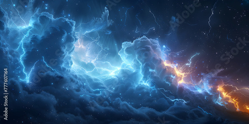 Bottom frame with realistic thunder light and blue smoke cloud design Wide panoramic element with mysterious lightning glow border overlaying fluffy magic spell mist with bolt energy charge.
