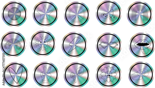 Set of holographic retro futuristic stickers. Instagram highlights. Vector illustration in y2k style. Holographic futuristic labels.