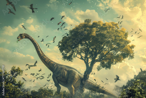 A large dinosaur is walking through a forest with many birds flying around it