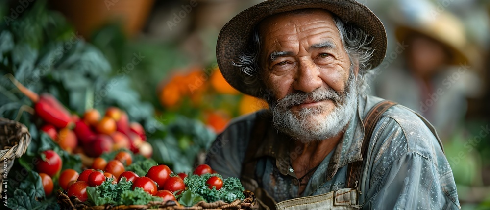 Elderly man happily holding a basket of homegrown vegetables in his garden. Concept Senior man gardening, Harvesting vegetables, Happiness in the garden, Healthy living