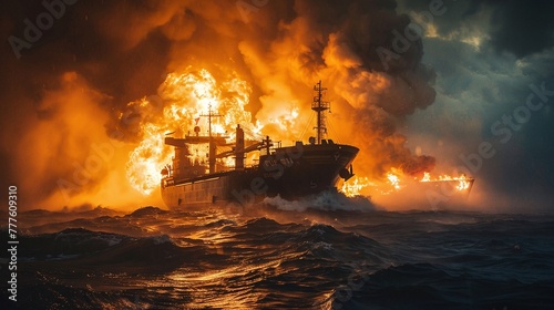 cargo vessel blaze  fire and smoke  logistic import export goods tragedy at sea