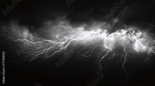 Powerful thunder strike on black background creates dramatic scene, highlighting the intense energy and atmospheric phenomenon of the stormy night