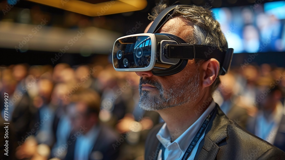 virtual reality presentation for senior business manager man attending conference meeting in auditorium convention hall with crowd of business people background, experiencing innovative technology virtual reality presentation for senior business manager man attending conference meeting in auditorium convention hall with crowd of business people background, experiencing innovative technology
