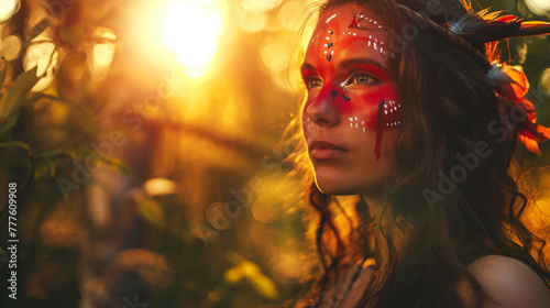 Mulher celta com pinturas vermelhas no rosto na floresta  photo