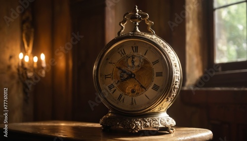 An ornate vintage table clock stands elegantly against a backdrop of soft candlelight, exuding an ambiance of classical timekeeping and antique charm in a dimly lit room