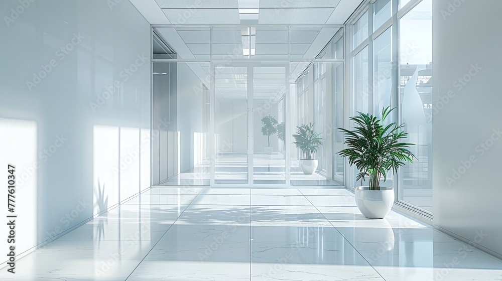 bright and clean white office corridor with glass partitions and door, displaying professional and contemporary workspace design in modern corporate interior bright and clean white office corridor with glass partitions and door, displaying professional and contemporary workspace design in modern corporate interior
