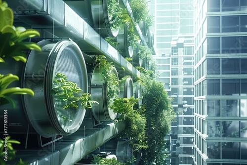 Urban greenery integrating carbon capture technology in futuristic city photo