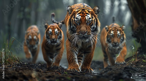 wild tiger group roaming in closeup view  displaying wildlife nature and majestic predator behavior in habitat conservation efforts for endangered species