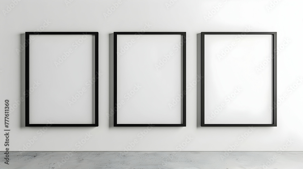 three white rectangular mockup posters in a black frame hang on a white wall three white rectangular mockup posters in a black frame hang on a white wall