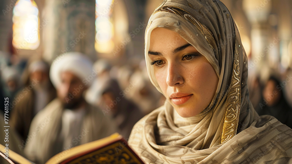 A scene showing a woman in a headscarf quietly reading a religious text in an Islamic mosque with other blurred figures of worshippers in the background A scene showing a woman in a headscarf quietly reading a religious text in an Islamic mosque with other blurred figures of worshippers in the background