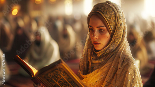 A scene showing a woman in a headscarf quietly reading a religious text in an Islamic mosque with other blurred figures of worshippers in the background photo