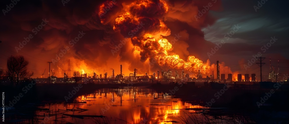 Fire at oil depot at night: billowing dark smoke and dramatic flames. Concept Fire Incident, Oil Depot, Dark Smoke, Dramatic Flames, Nighttime